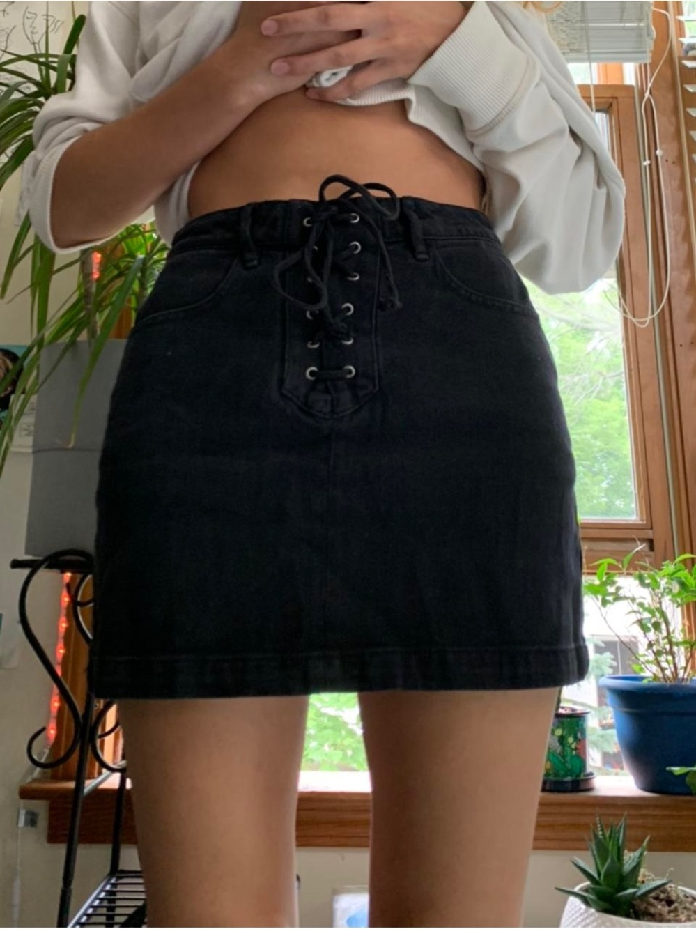 Forever 21 Black Lace-Up Denim Mini Skirt with Front Grommets